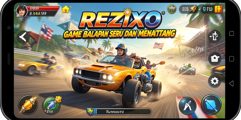 Gameplay seru balapan di REZIXO dengan mobil yang melaju kencang.