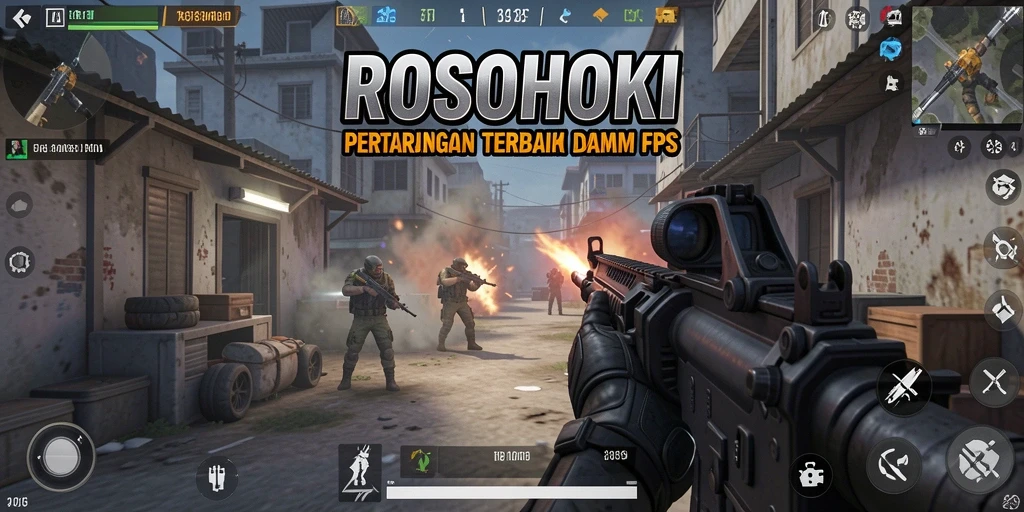 Tampilan gameplay menegangkan dalam pertempuran FPS di ROSOHOKI.