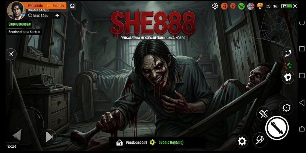 Screenshot gameplay namun mencekam dari <strong>SHE888</strong> menampilkan suasana horor yang intens.